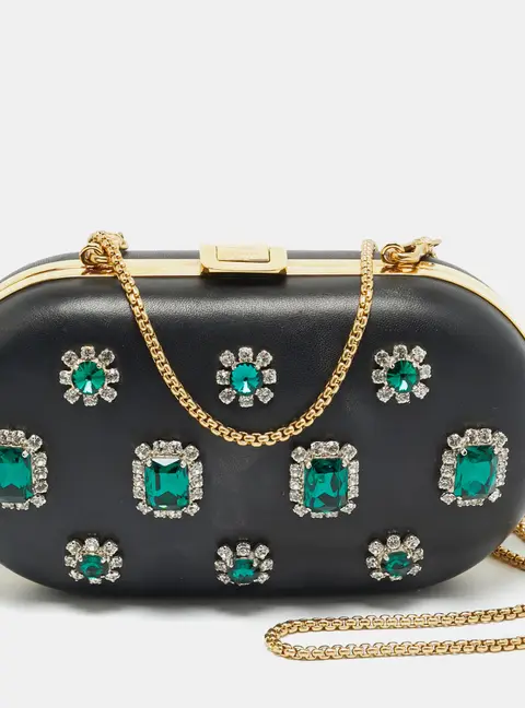 Prada Crystal Embellished Black Leather Frame Chain Clutch