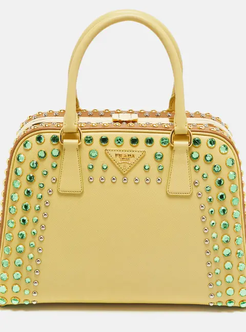 Prada Pyramid Frame Yellow/Brown Saffiano Lux Leather Crystal Embellished Satchel