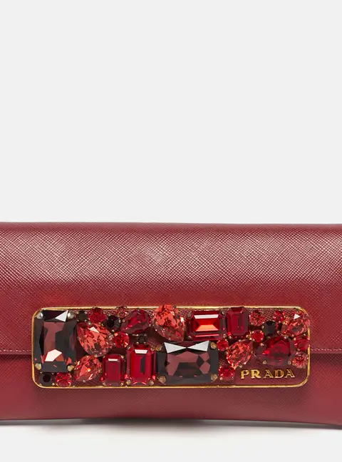 Prada Dark Red Leather Crystal Embellished Flap Continental Wallet