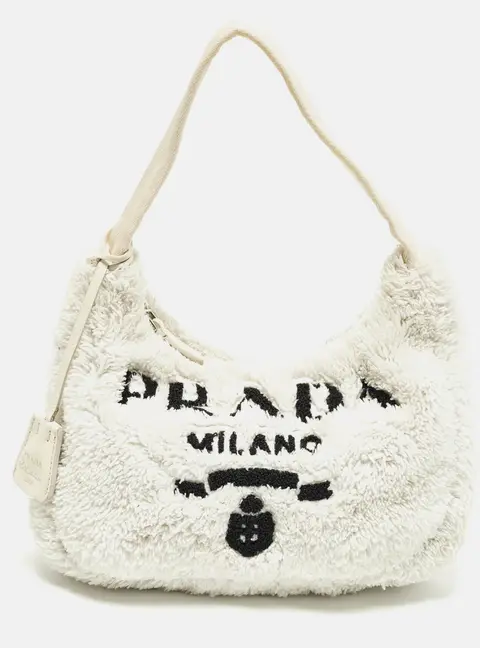 Prada Re-Edition 2000 Off White/Black Terrycloth Fabric Shoulder Bag
