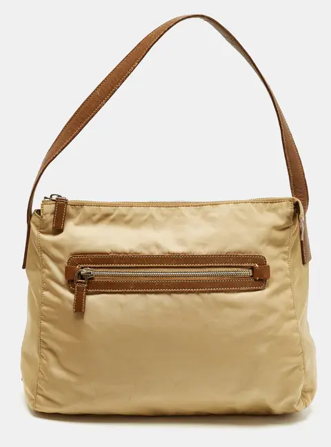 Prada Beige/Brown Nylon Zip Shoulder Bag