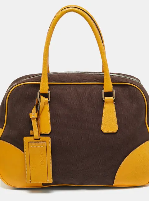 Prada Dark Brown/Yellow Canvas and Leather Bowler Bag