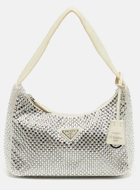 Prada Re-Edition 2000 Crystal Studded White Satin Shoulder Bag