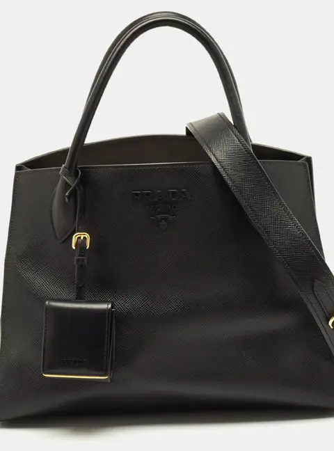 Prada Monochrome Medium Black Saffiano Cuir Leather Tote