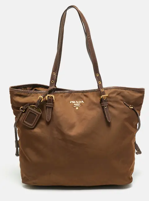 Prada Brown Nylon and Saffiano Leather Shopper Tote