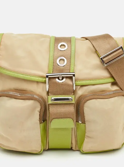 Prada Vintage Tessuto Buckle Beige/Green Nylon and Leather Cargo Shoulder Bag
