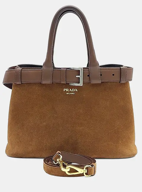 Prada Buckle Medium Brown Suede Leather Top Handle Bag