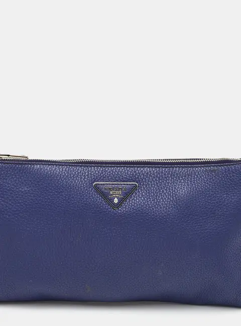 Prada Blue Daino Leather Wristlet  Pouch