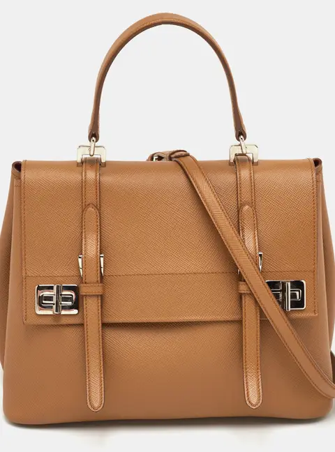 Prada Turn-Lock Beige Leather Flap Top Handle Bag