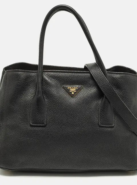 Prada Black Vitello Daino Leather Open Shopper Tote