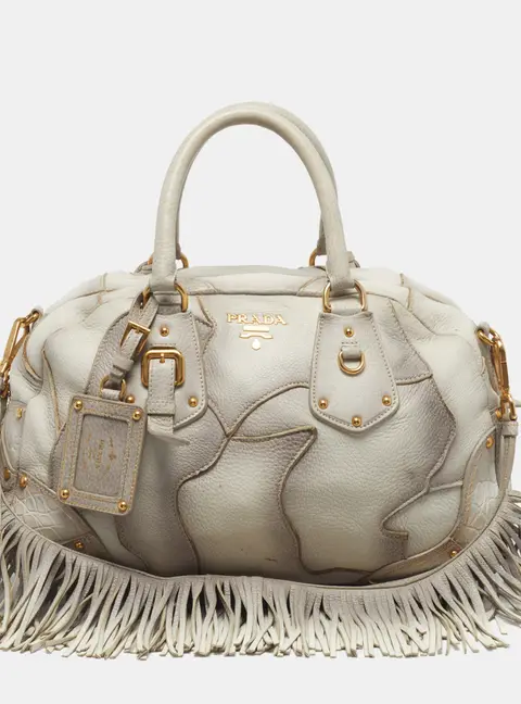 Prada White Ombre Deerskin Leather Croc and Lizard Patchwork Bowler Bag