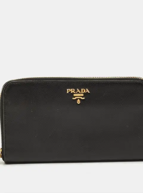 Prada Black Saffiano Leather Zip Around Wallet