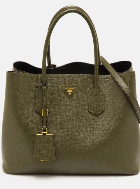 Prada Double Handle Medium Green Saffiano Cuir Leather Tote