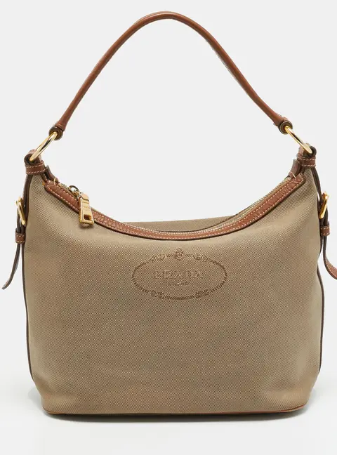 Prada Beige/Tan Logo Jacquard Canvas and Leather Hobo