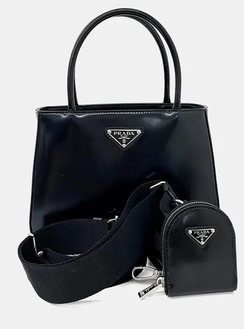 Prada Black Leather Brushed Tote and Shoulder Bag
