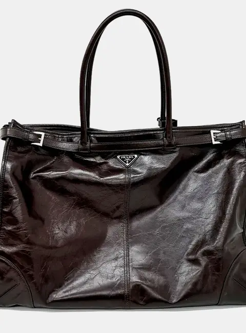 Prada Buckle Detail Brown Patent Leather Tote Bag
