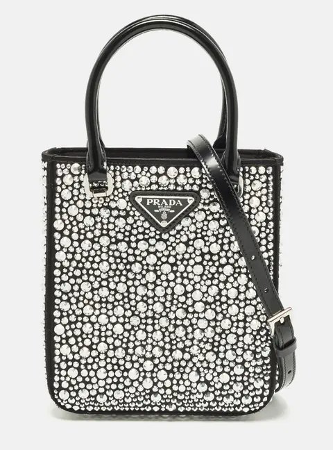 Prada Metal Panier Small Black Satin Crystal Embellished Tote