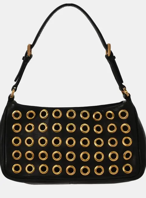 Prada Metal Grommet Black Leather Shoulder Bag