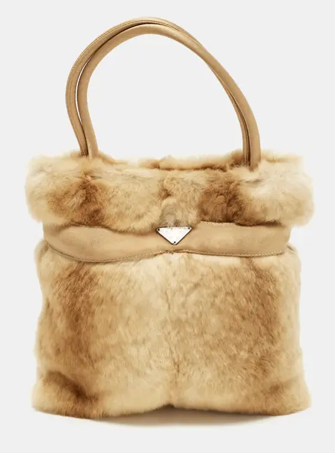 Prada Logo Beige Fur Tote