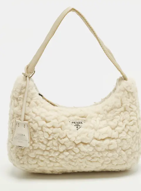 Prada Re-Edition 2000 Off White Shearling Shoulder Bag