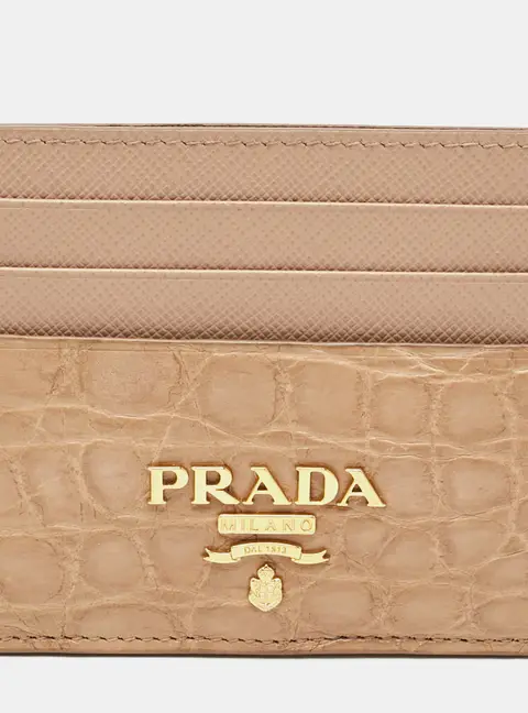 Prada Logo Beige Leather and Crocodile Card Holder