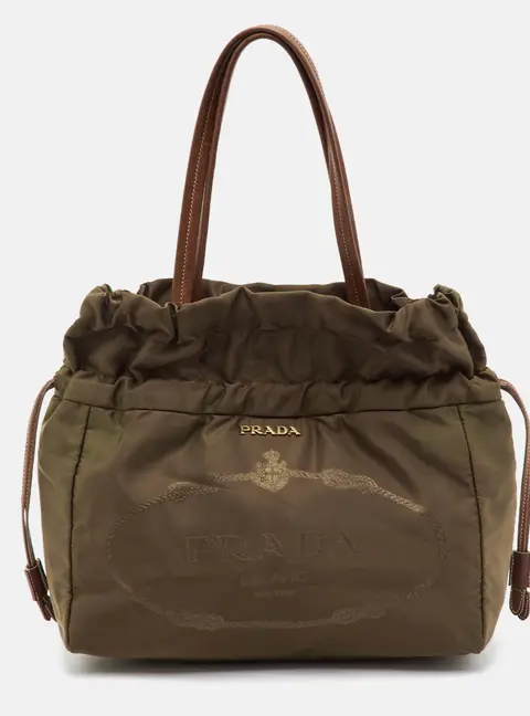 Prada Canapa Logo Tessuto Khaki Brown Nylon and Leather Drawstring Tote