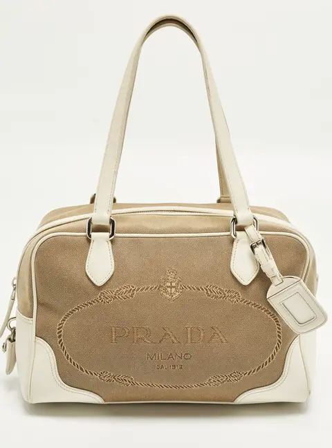 Prada White/Beige Logo Jacquard and Leather Bowler Bag