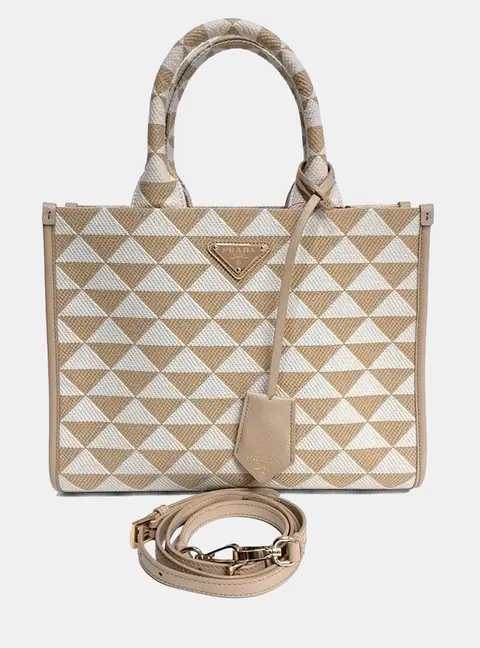 Prada Beige Cream Fabric Symbol Jacquard Fabric Tote And Shoulder Bag