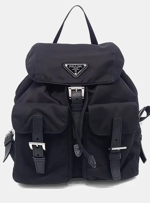 Prada Two Pocket Black Re-Nylon Backpack Bag