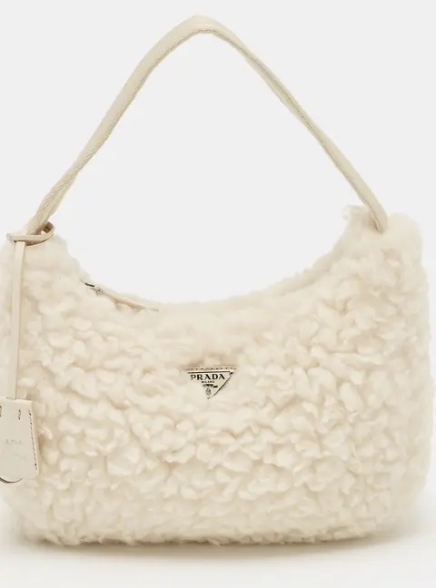 Prada Re-Edition 2000 Off White Shearling Shoulder Bag