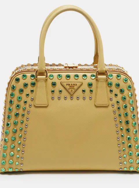 Prada Pyramid Embellished Frame Yellow/Brown Saffiano Lux Leather Bag