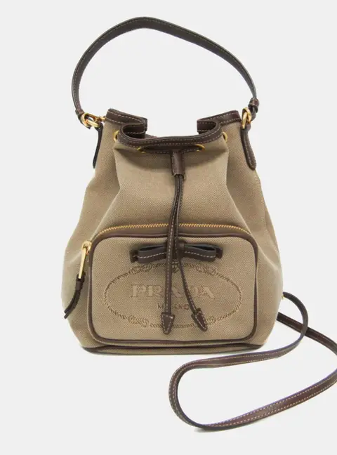 Prada Logo Jacquard Beige/Brown/Dark Brown Jacquard & Leather Drawstring Bag
