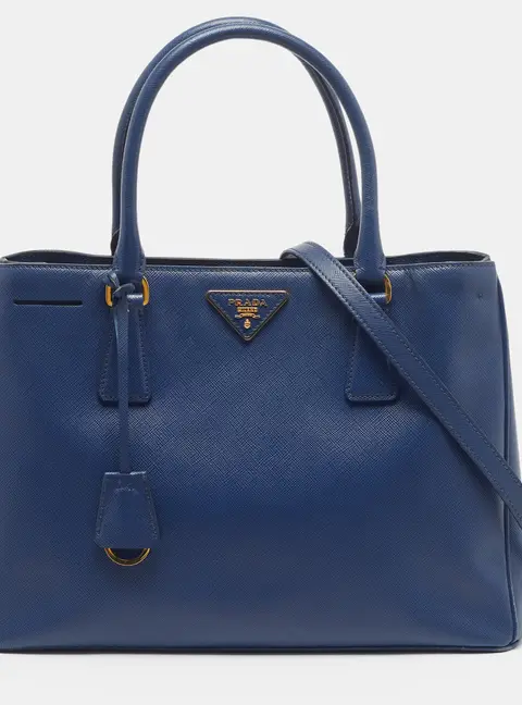Prada Middle Zip Small Navy Blue Saffiano Lux Leather Tote