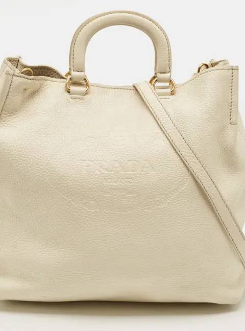 Prada Logo Cream Grained Leather Tote