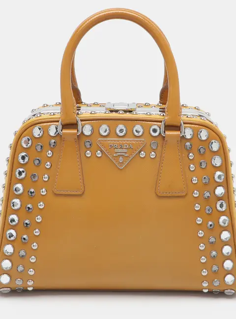 Prada Studded Pyramid Small Two Tone Saffiano Patent Leather Frame Bag