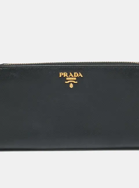 Prada Logo Zip Black Saffiano Leather Continental Wallet