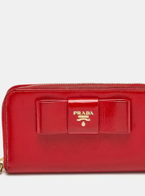 Prada Bow Red Patent Leather Zip Around Wallet