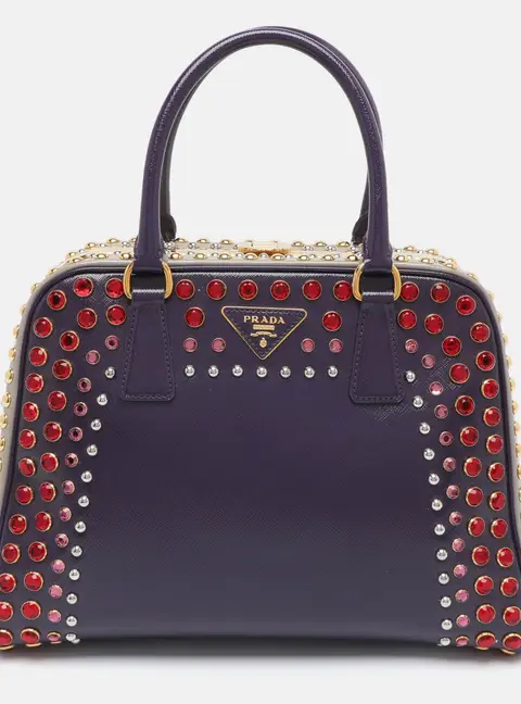 Prada Pyramid Multicolor Saffiano Patent Leather Crystal Embellished Frame Satchel