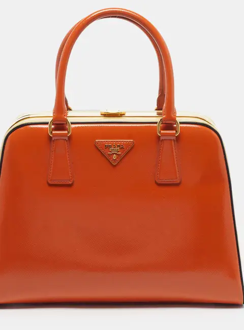 Prada Pyramid Frame Orange/Yellow Saffiano Vernice Leather Satchel