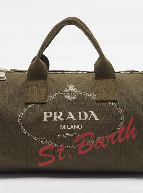 Prada St. Barth Logo Green Canvas Boston Bag