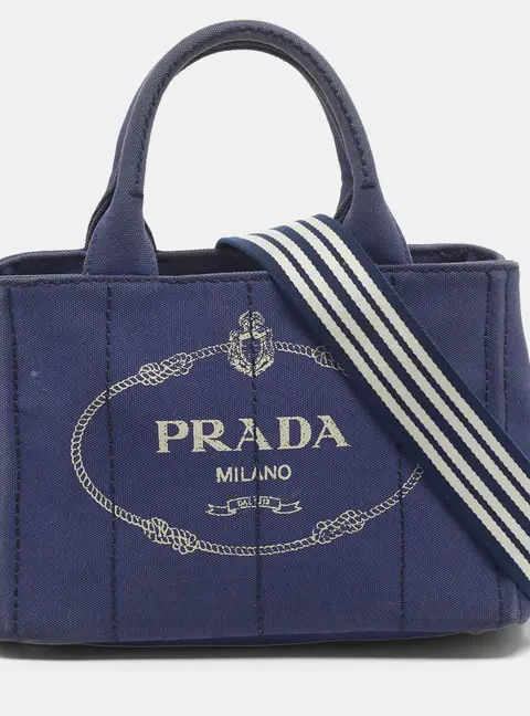 Prada Canapa Stripe Dark Blue Denim Tote