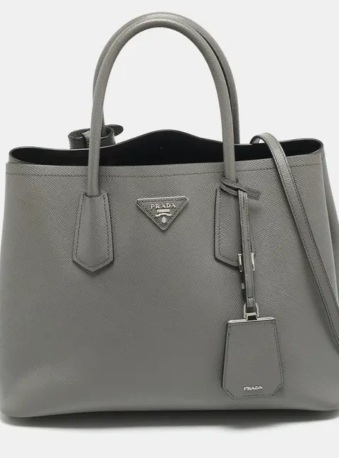 Prada Double Handle Medium Grey Saffiano Cuir Leather Tote