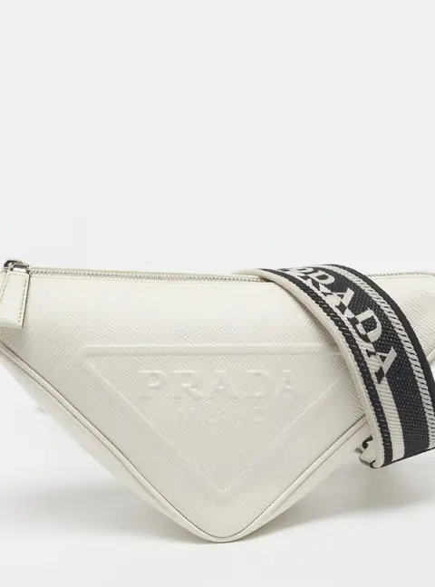 Prada Triangle White Saffiano Cuir Leather Shoulder Bag