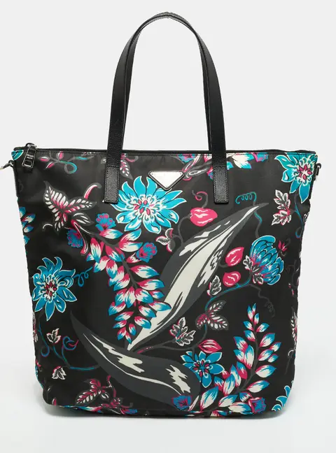 Prada Black/Multicolor Printed Nylon and Saffiano Leather Zip Tote