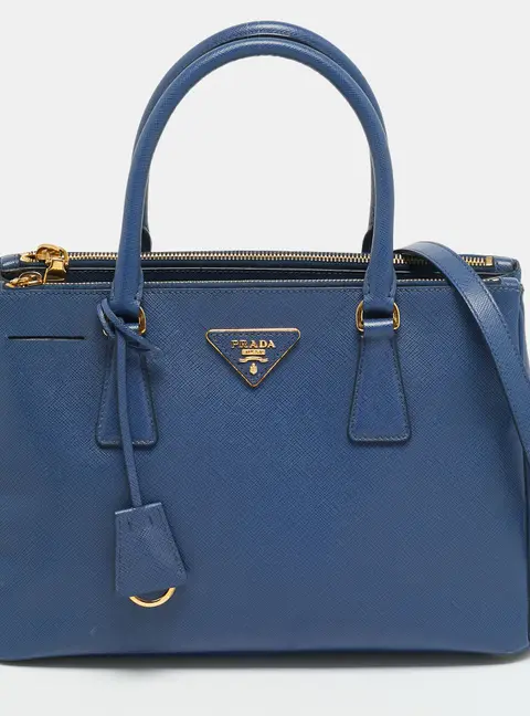 Prada Galleria Double Zip Medium Blue Saffiano Lux Leather Tote