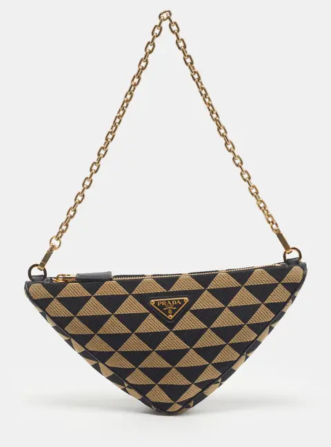 Prada Symbole Black/Beige Canvas Triangle Chain Bag