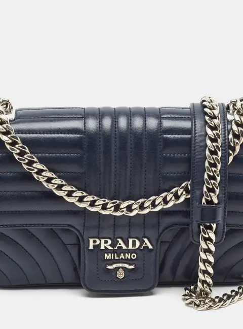 Prada Diagramme Navy Blue Leather Chain Flap Crossbody Bag