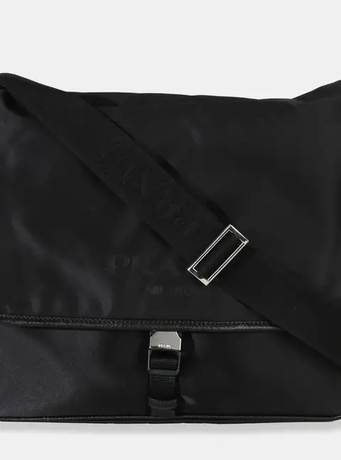 Prada Black Nylon Saffiano Logo Buckle Messenger Bag