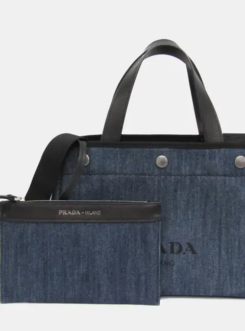 Prada Denim City Calf Tote Denim Leather Shoulder Bag Tote Bag Black Blue
