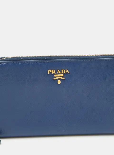 Prada Blue Saffiano Leather Continental Zip Around Wallet